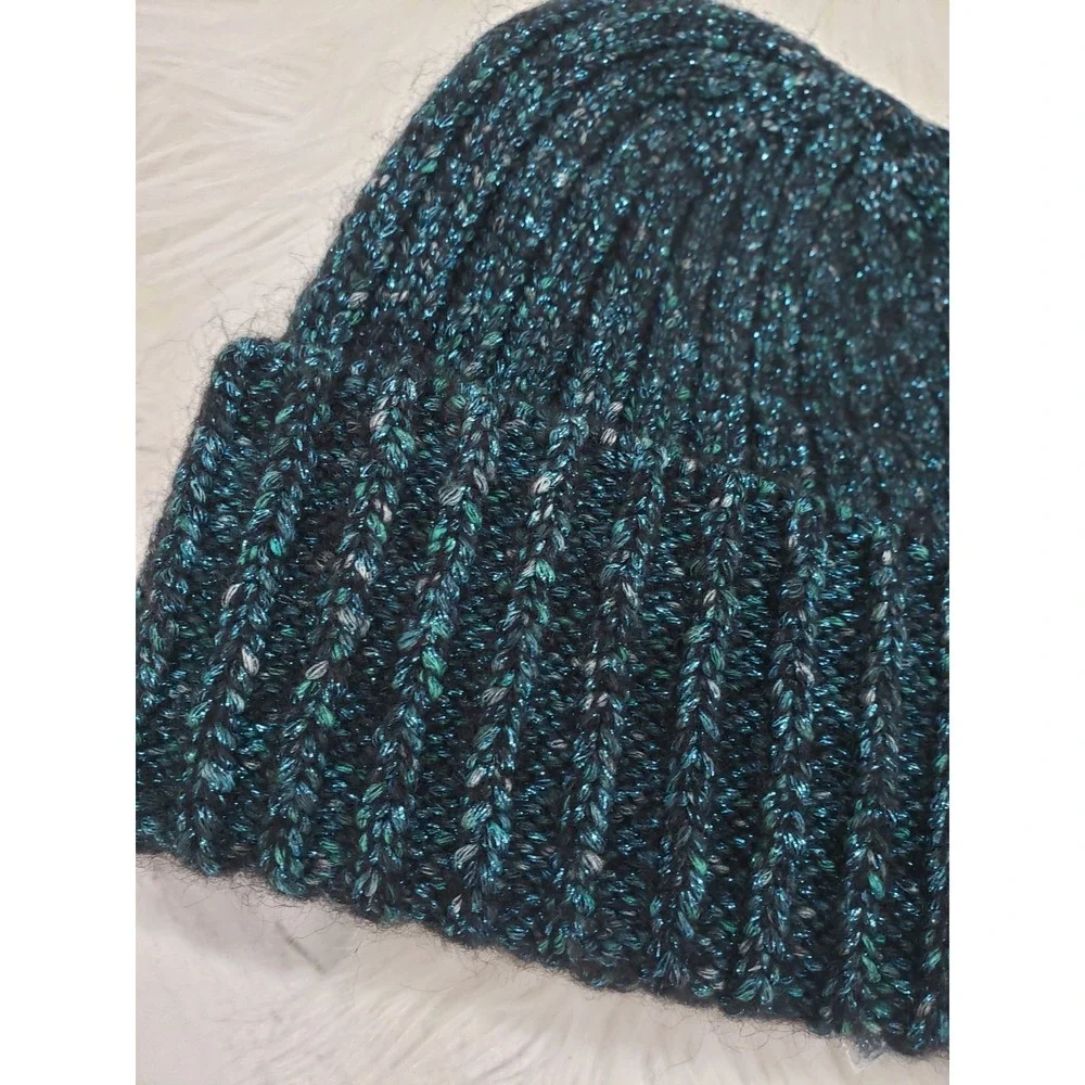 NEW Club Monaco Teal Beanie Torrie Hat Metallic Alpaca Wool Italian Yarn Sparkle